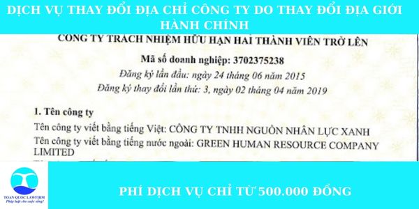 Dịch vụ thay đổi trụ sở công ty do thay đổi địa giới hành chính trên 63 tỉnh thành Việt Nam