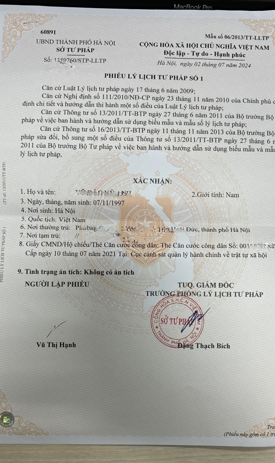 phiếu lý lịch tư pháp số 1