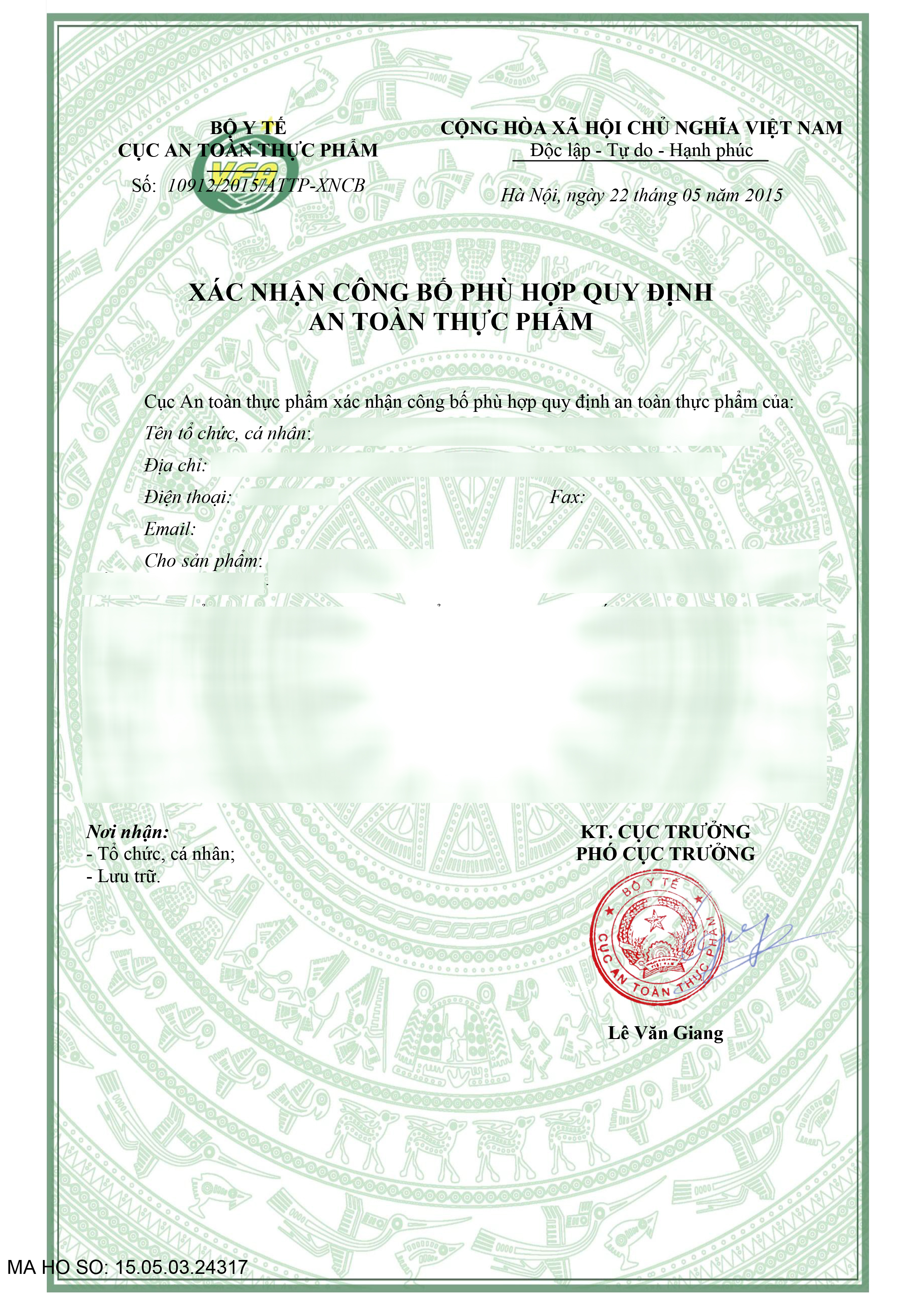 công bố phù hợp quy định an toàn thực phẩm