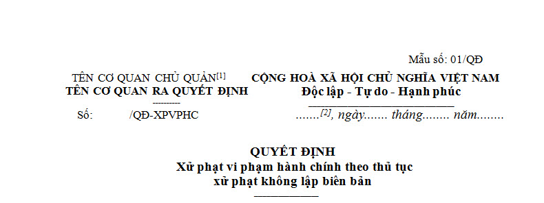 Tải mẫu xử phạt vi phạm hành chính theo thủ tục xử phạt không lập biên bản