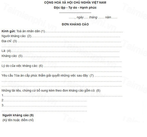 Đơn kháng cáo vụ án dân sự